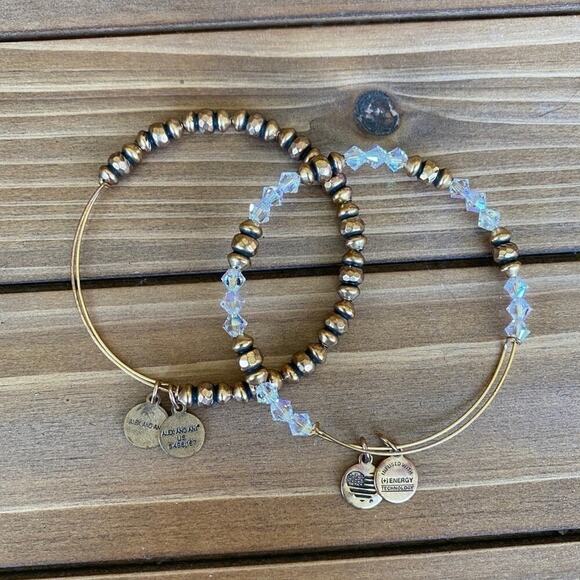 Alex and Ani Layering Gold Metal Bangle Bracelets Bundle of 2 Clear Copper Beads - Picture 1 of 3
